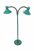 Double-headed standing lamp with teal green metal construction and adjustable gooseneck arms