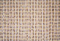 Beaded curtain made of vertical rows of yellow and brown beads providing a decorative texture.