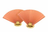 Two coral fan-shaped lamps with brass-tone pineapple bases