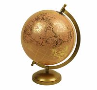 Metallic pink globe with gold continents on a rounded brass-tone base