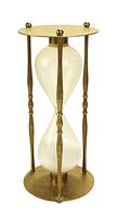 Brass hourglass with four turned supports and circular brass plates