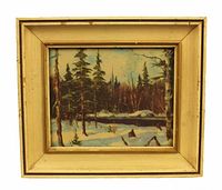 Winter scene painting in a square aged wood frame showing pine trees and snow
