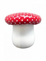 Photo showing the red and white polka-dotted mushroom toadstool figurine with white stem against a white background.