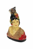 Close-up of bust of lady with floral hat, black hair, flowers and red shawl