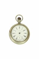 Front view of a silver-tone pocket watch with Roman numerals and inner 24-hour dial markings.