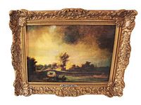 Frontal photo of ornate gold-tone carved frame housing a Rembrandt landscape reproduction print depicting a dramatic sky and nature scene.