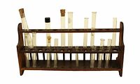 Wooden test tube rack with 13 glass test tubes of various sizes