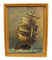 Gold-gilt framed print of a three-masted sailing ship on rough seas