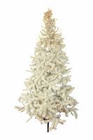 Large white flocked artificial Christmas tree, standing on black metal stand