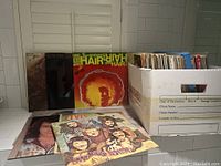Wide view showing several vintage album covers leaning against tiled wall next to white box filled with records.