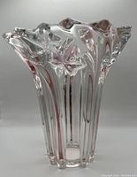 Front view showing vase shape and pink swirl detail in lead crystal