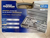 Photo of the boxed Mastercraft Maximum Universal Socket Set showing 50 pieces and 1/4 & 3/8 inch drives