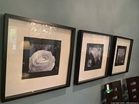 Overall view of three framed black and white photographs hung on a wall.