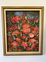Full front view of framed oil painting showing vibrant red carnations.