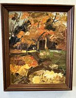 Full frontal view of the framed abstract impressionist oil painting showing autumnal landscape colors and the artist's signature.