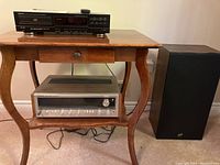 Overall view of Denon CD player, Pioneer receiver and one Sansui speaker