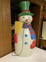 Front view of a plastic Frosty the Snowman figure with colorful details, standing on a table.