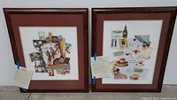 Two large framed lithographs side by side, one titled Leisure Time and the other Tea Time, with visible certificates taped to each frame.