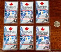 Six sealed COA cards with 1/4 grain gold bars and quarter coin for scale laid out on wood.