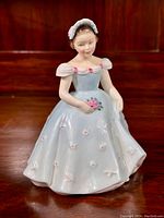 Front view of Royal Doulton porcelain figurine "The Bridesmaid" with light blue dress and pink rose bouquet.