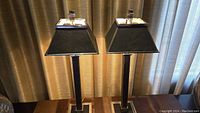 Front view of both lamps showing black leather columns, chrome accents, square black shades