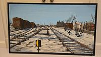 Front view of framed painting showing winter railway yard scene