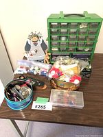 Overview of sewing supplies on table including organizer, thread spools, and containers.