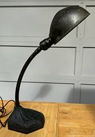 Side view of antique desk lamp showing flexible neck and decorative cast metal base, with half-dome metal shade.