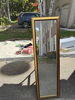 Photo showing full view of tall rectangular mirror with bronze painted frame standing outside, reflective surface showing some spots and marks.