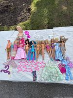 Wide shot of all dolls, furniture, hangers and clothing laid on a white surface