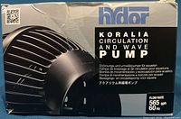 Photo of the Hydor Koralia aquarium pump box showing brand, model, and flow rate details.