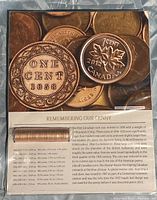 Close-up photo showing two highlighted pennies from the roll: an 1858 original Canadian penny and a 2012 maple leaf penny with '1 CENT CANADA' inscription, surrounded by additional Canadian pennies in the background.