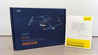 Box of Chubory A68 Brushless Drone and Nulaxy Wireless FM Transmitter side by side on white background.