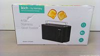 Box front showing Ikich brand, 4 slice stainless steel toaster image, and model CP144A.