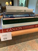 Stack of eight assorted books showing titles and colors on spines and covers, including local history and nature guides.