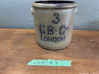 Front view showing '3 GB & Co London' lettering on the antique crock
