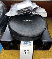 Top view of Oppo HA-1 amplifier with carrying case and accessory bags