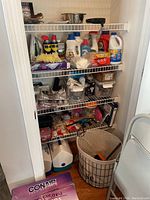 View of closet shelves with various cleaning liquids, spray products, small containers with household items, and a foldable basket on the floor.