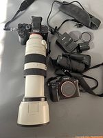 Top-down view showing lens mounted on one camera body, second camera body, charger, battery, strap, lens caps, pouch and monocular