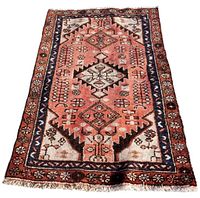 Full view of Hamadan old handmade rug showing geometric pattern with red, brown, cream, and blue colors, and fringed edges.