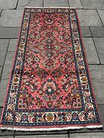 Full view of rectangular Sarouk rug with floral patterns and cream border on pavement.