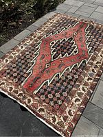 Full view of rug laid outdoors showing central medallion, border and fringe