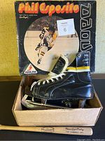 Phil Esposito branded vintage men's ice hockey skates in original box with image of Phil Esposito in hockey uniform.