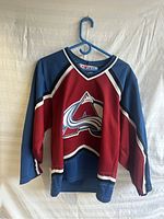 Photo showing full front view of the vintage Colorado Avalanche hockey jersey on a blue hanger against a white background.