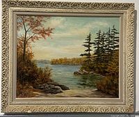 Full view of the original oil painting on board in the ornate white frame showing autumn river landscape with trees and rocks.