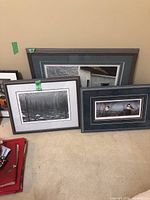 Three nature prints framed and matted on carpet floor with visible tags. One depicting a building, another with birds, the third black and white winter scene.