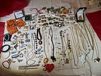 Full layout of assorted costume jewelry including necklaces, bracelets, pins, earrings, and other decorative items.