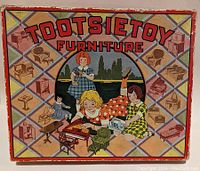 Top of original Tootsie Toy Furniture box with vintage illustrated children playing with miniature furniture sets