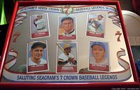 Front view of Seagrams 7 Crown Baseball Legends bar mirror showing portraits of six baseball legends with decorative ribbons and Seagrams branding.