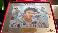 Frontal view of the framed Seagrams bar mirror featuring Lou Gehrig baseball artwork and Seagrams 7 branding.